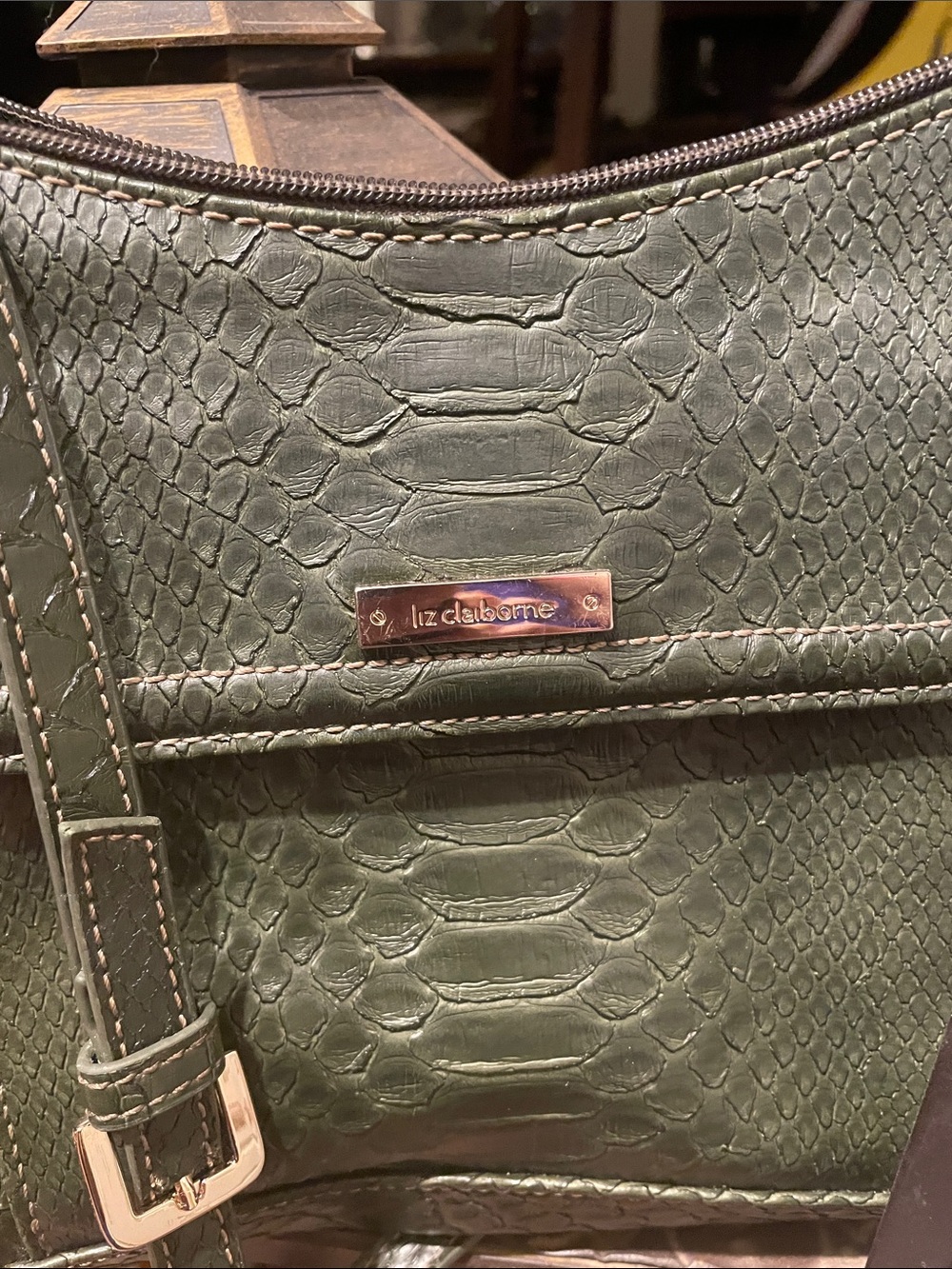 Liz Claiborne Dark Olive Green Faux-Snake Shoulder Bag